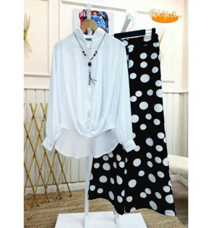ensemble-chemise-blanche-&-pantalon-noir-à-pois-blancs